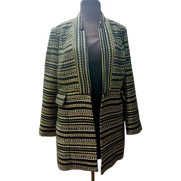 Chicos Gold Metallic Tweed Gold Statement Jacket Women Size S Longline Textured - Picture 2 of 10